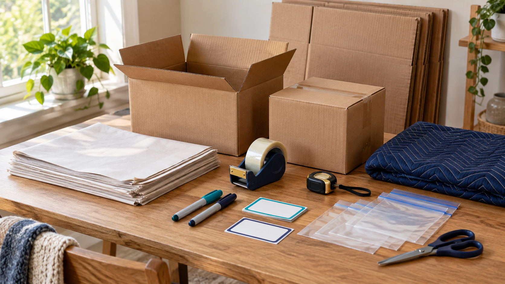 Organized moving boxes, packing paper, tape, labels, markers, and other packing supplies