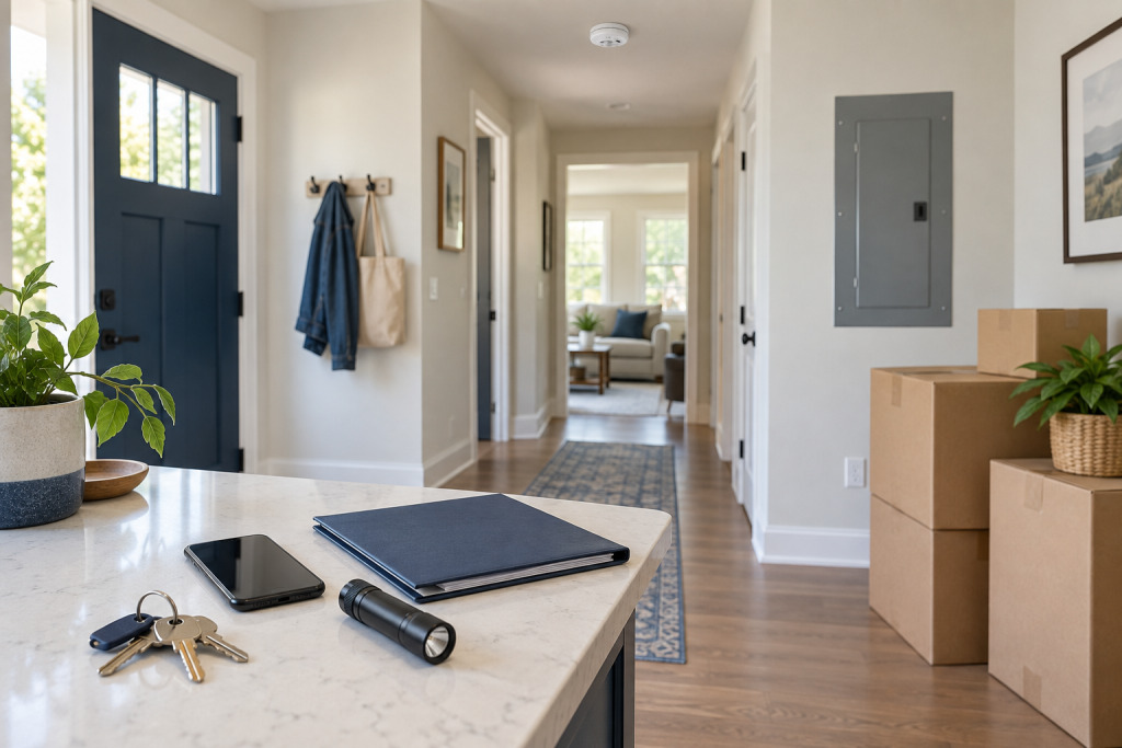 Keys, phone, flashlight, condition notes, smoke alarm, and clear hallway during a new-home check