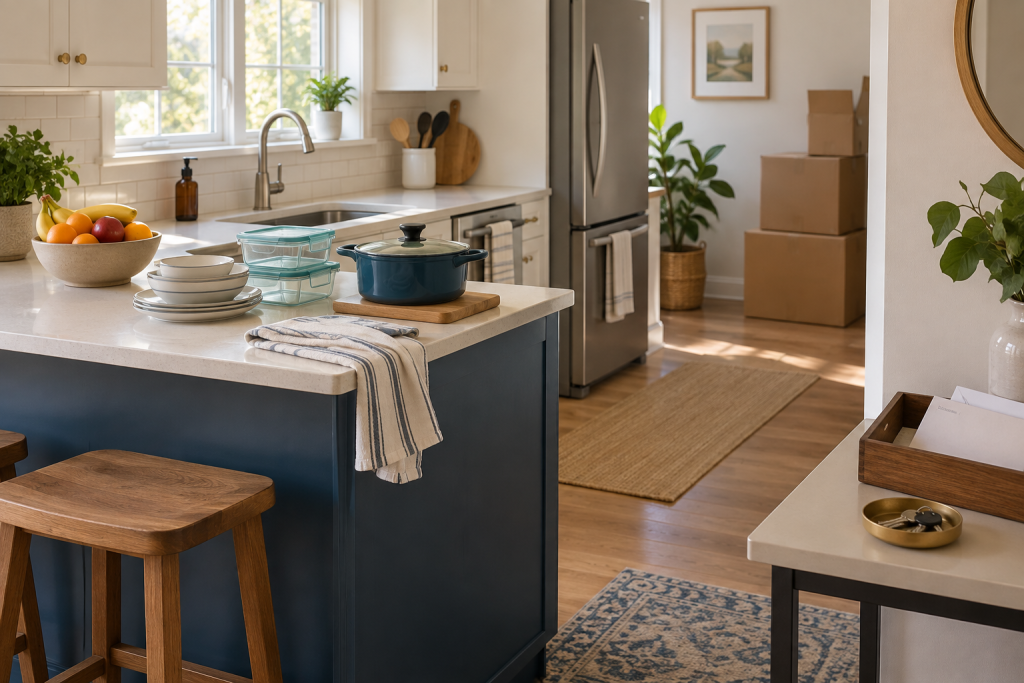 Functional new-home kitchen with dishes, containers, keys, mail tray, and safely placed moving boxes