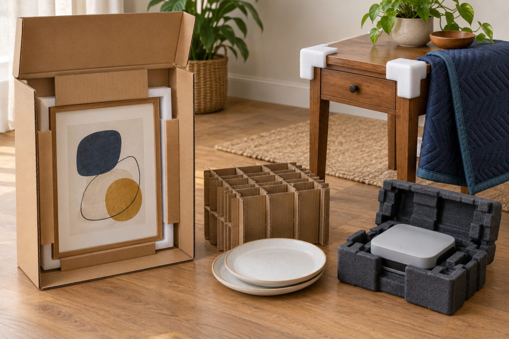 Picture carton, dish dividers, moving pad, corner protectors, and fitted electronics packaging