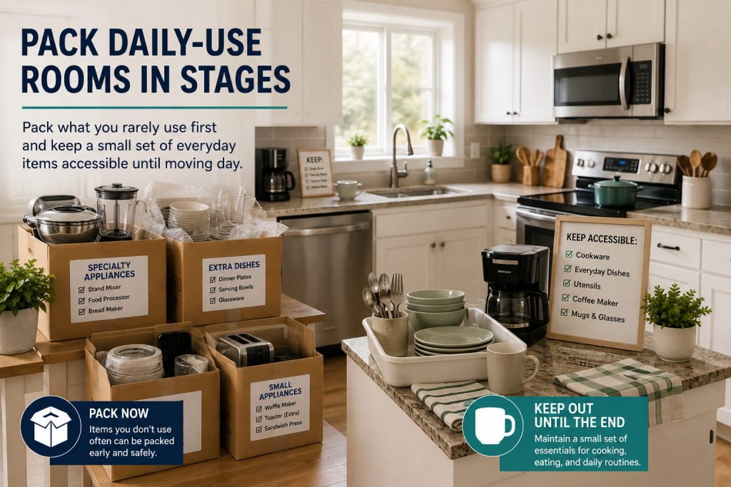 Partially packed kitchen with everyday items left accessible before moving day