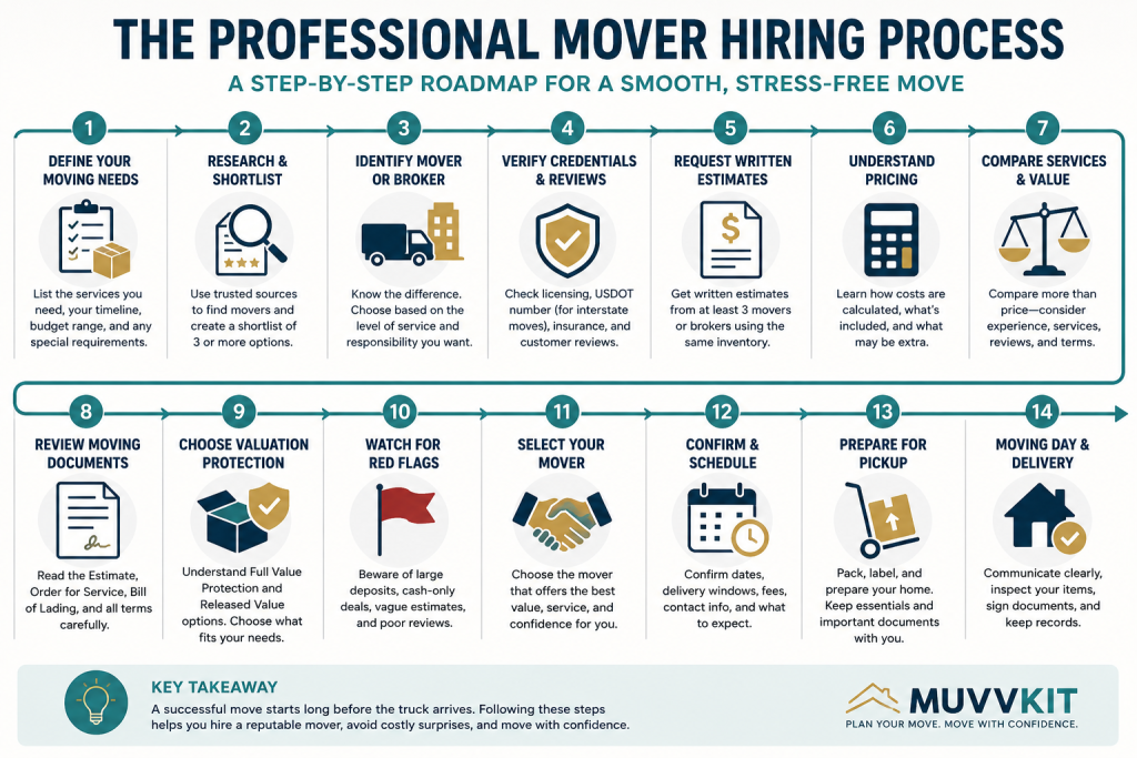 Professional mover hiring process from defining services through verification, estimates, documents, valuation, and confirmation
