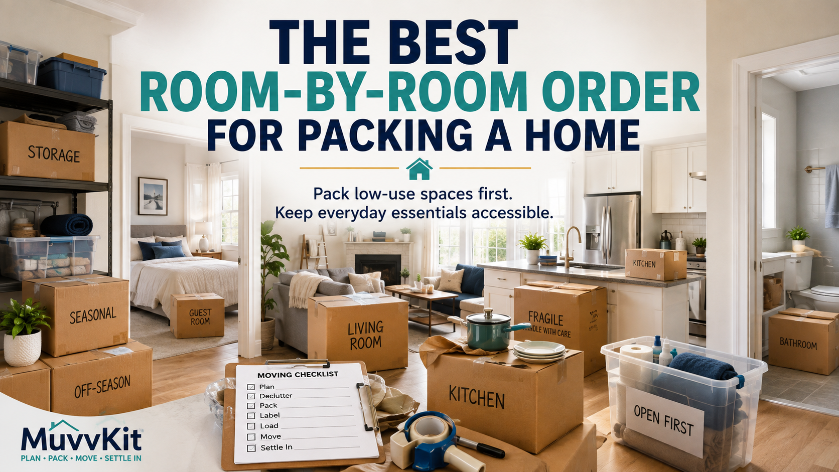 Organized moving boxes showing a room-by-room packing order throughout a home
