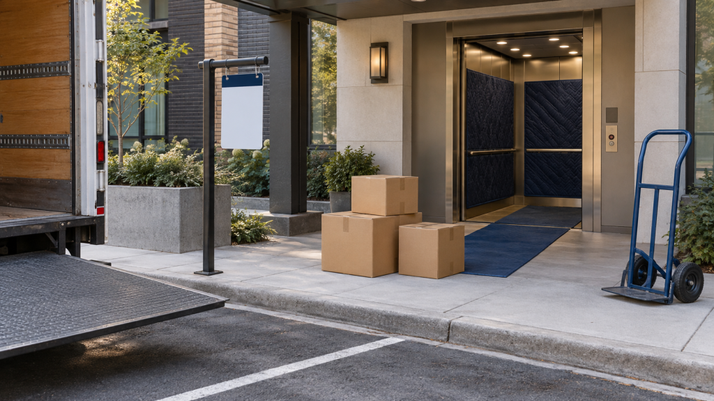 Apartment loading area with an elevator, moving boxes, protective coverings, and a hand truck