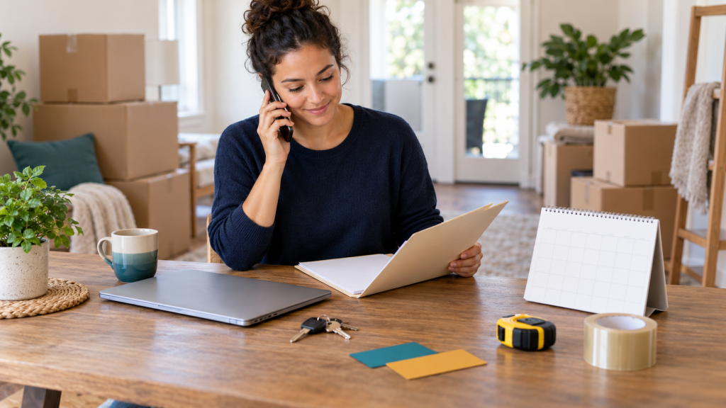 Homeowner confirming moving dates and access arrangements with keys, paperwork, and packing supplies