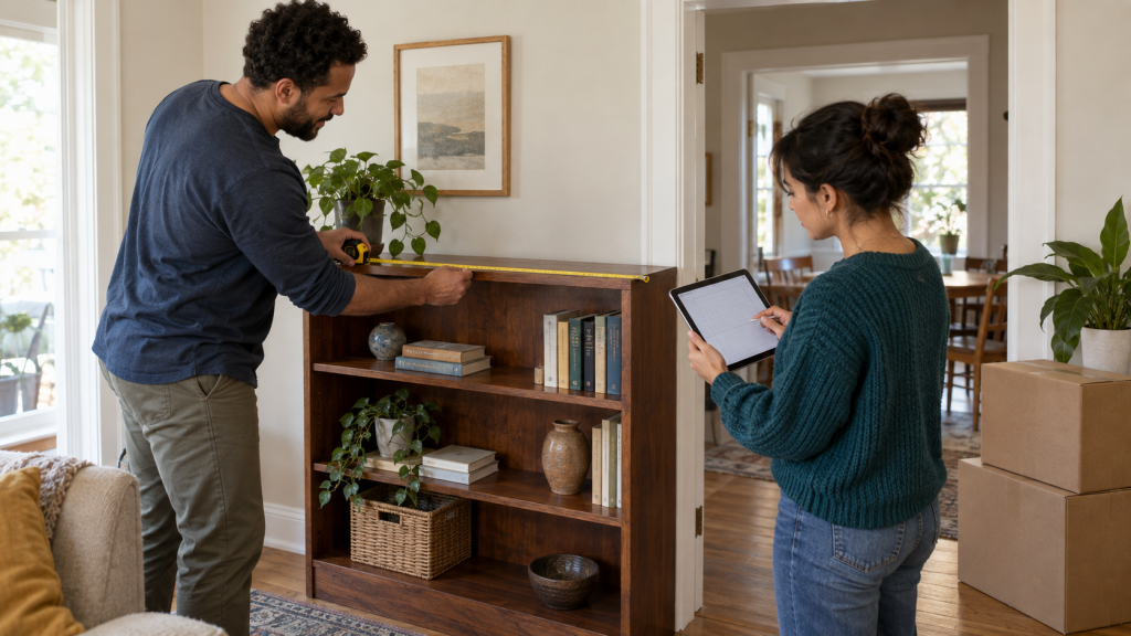 Household members measuring a bookcase before deciding whether it should move