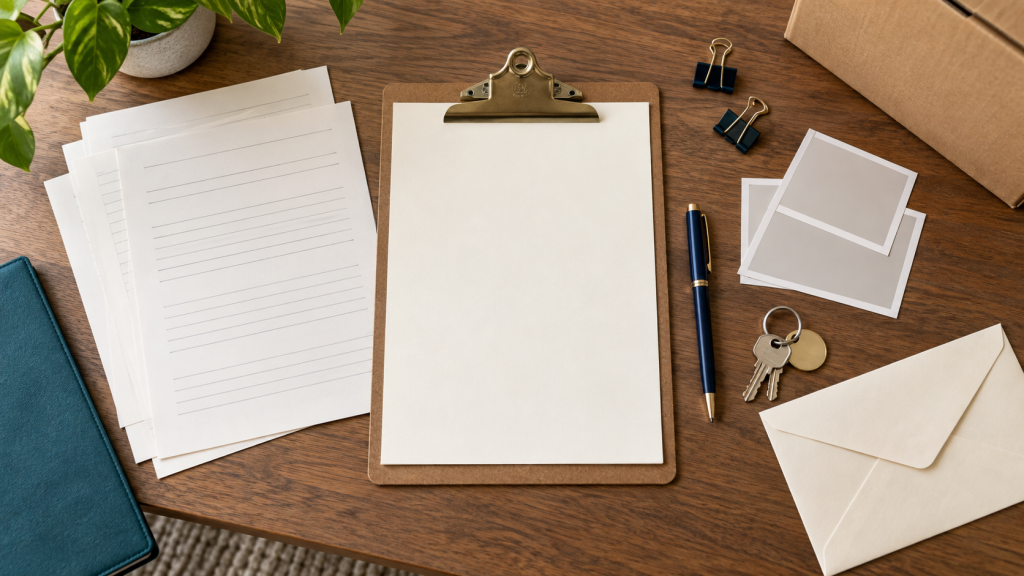 Blank moving-service paperwork, inventory photographs, keys, envelope, and clipboard organized for review