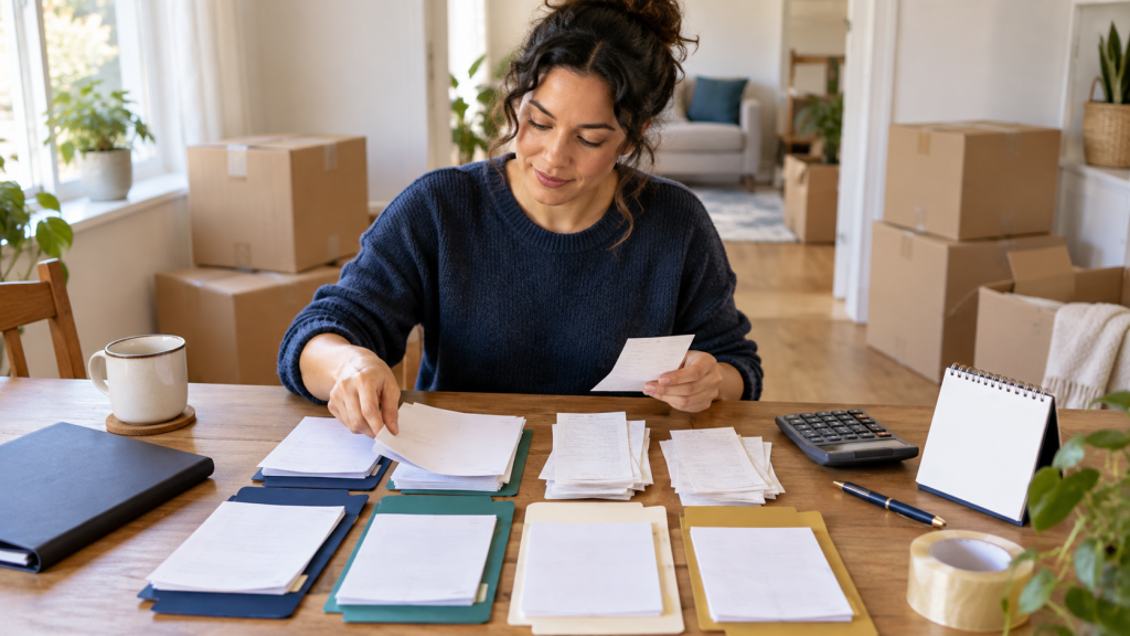Homeowner organizing moving estimates, expense categories, and payment details at a table