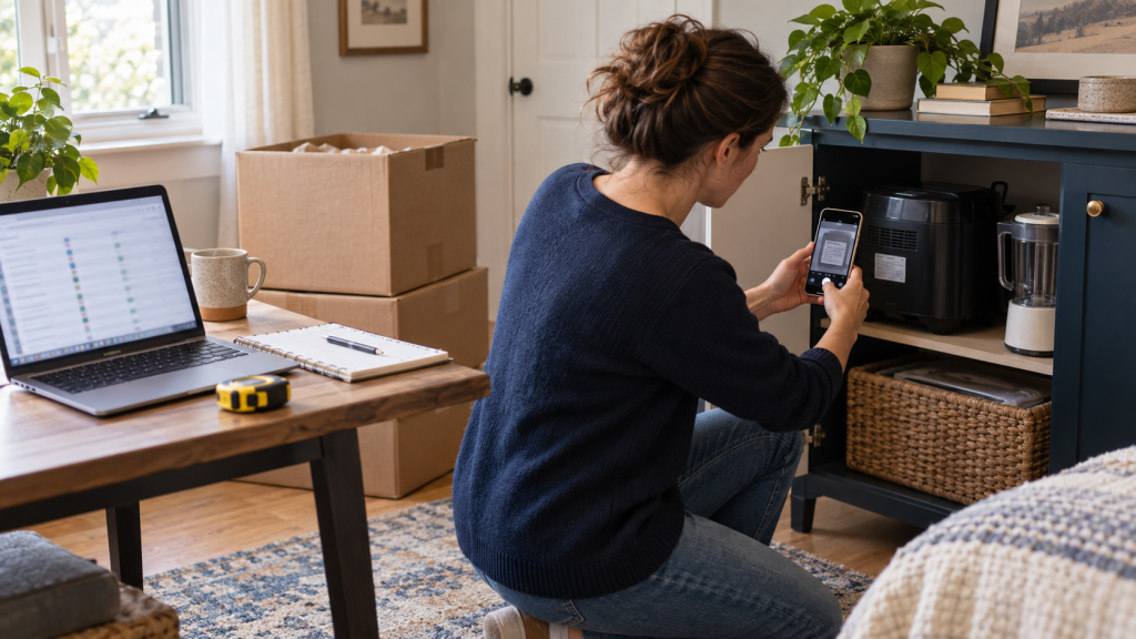 Person photographing an appliance label while creating a room-by-room household inventory