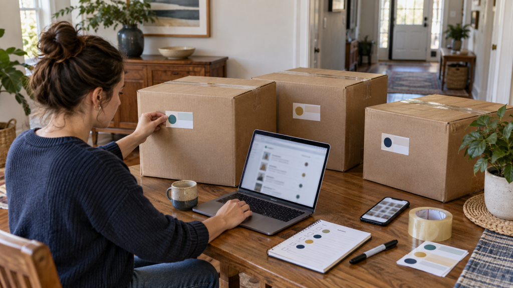 Household inventory records being connected to labeled moving boxes during packing
