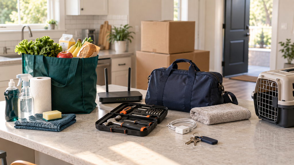 New-home groceries, cleaning supplies, tools, internet equipment, pet carrier, and overnight bag after a move