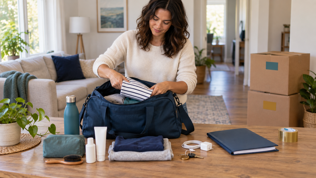 Homeowner packing clothing, toiletries, documents, keys, and chargers in a moving essentials bag