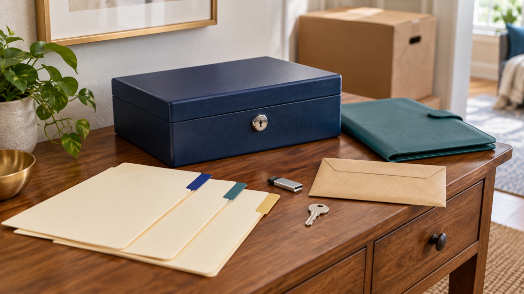 Locked document case, blank folders, secure storage drive, key, and sealed envelope prepared for a move