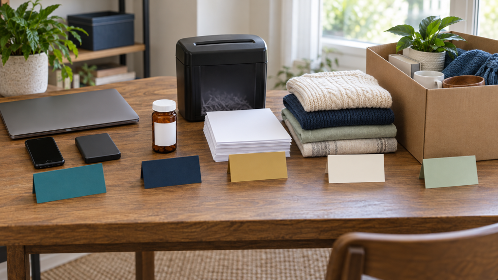 Electronics, documents, closed medicine container, textiles, and donation items separated for special handling