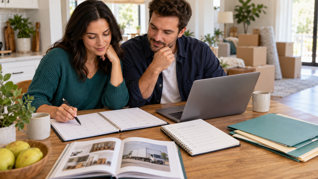Couple reviewing a calendar and household moving plan together
