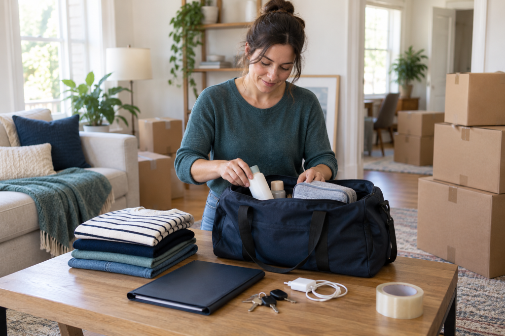 Open moving essentials bag beside keys, documents, charger, cleaning supplies, and packed boxes