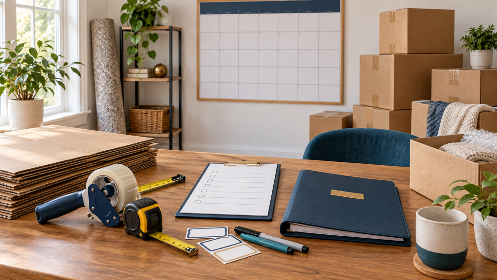 Calendar, household inventory, budget folder, and packing supplies arranged for early moving preparation