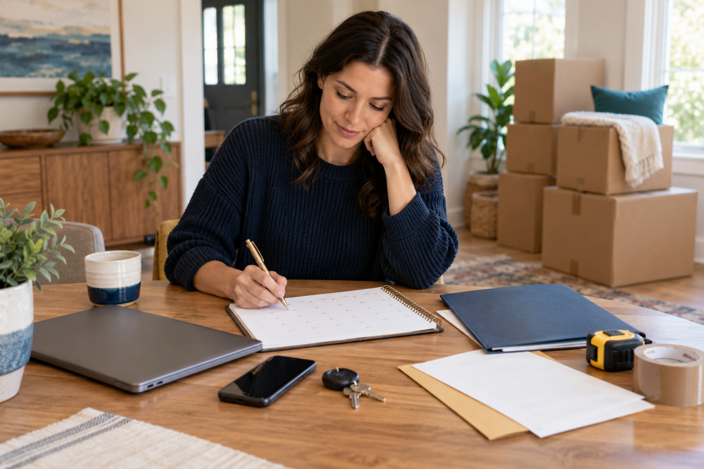 Moving calendar, transportation confirmation folder, measuring tape, keys, and organized boxes
