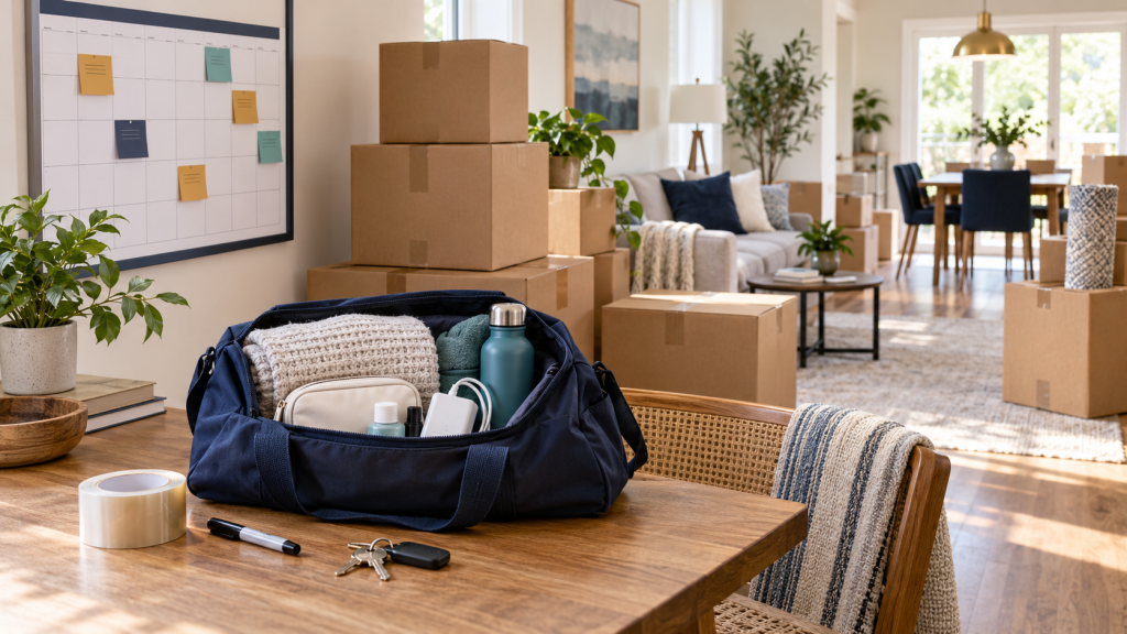 Packed boxes, calendar, task cards, and essentials bag for a short-notice move