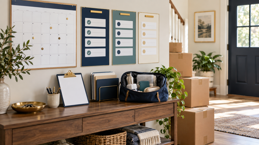 Organized moving command center with calendar, weekly task boards, boxes, and essentials bag