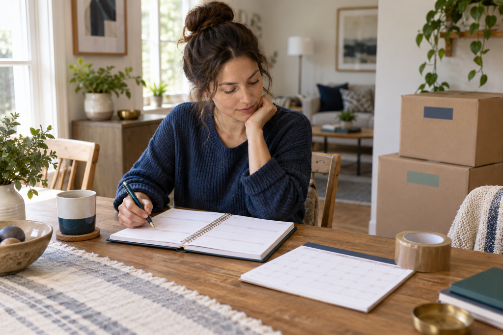 Person reviewing a six-week packing timeline beside moving boxes