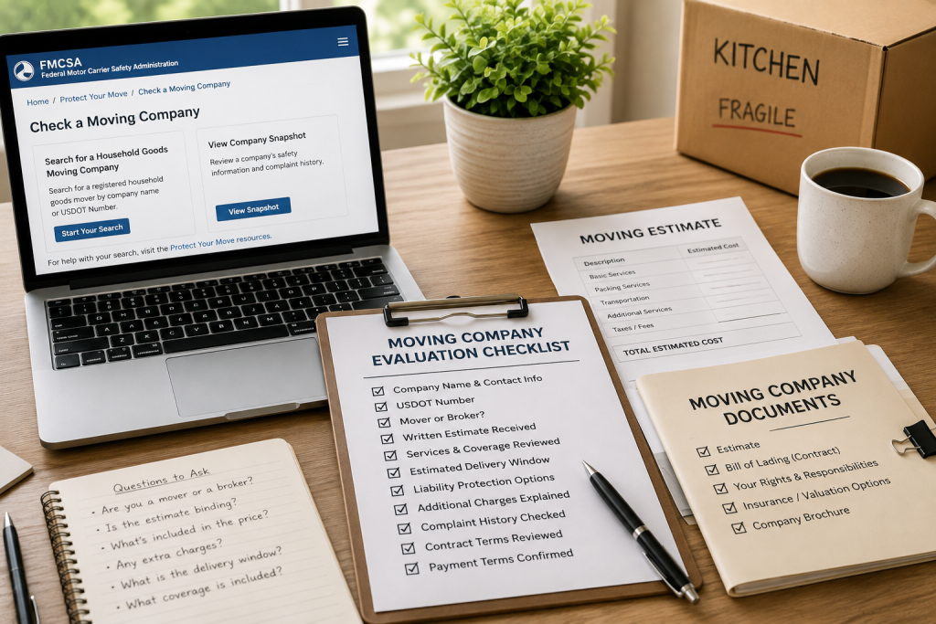 Moving company registration and documents being reviewed before hiring movers