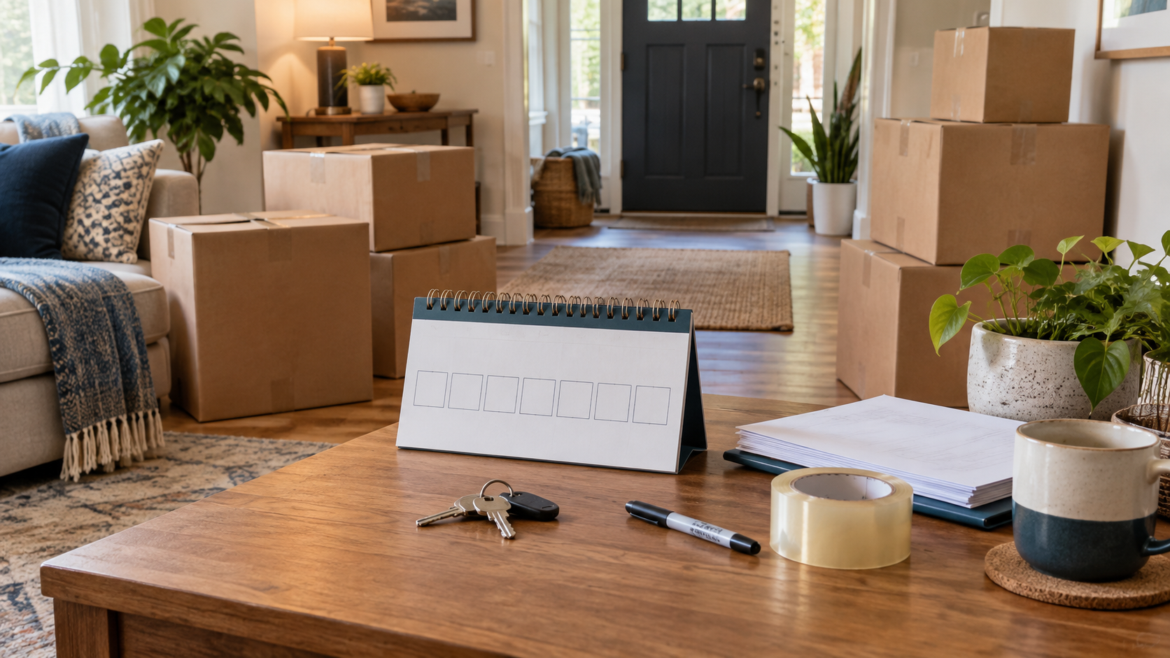 Week before moving day checklist with a calendar, moving boxes, keys, and packing supplies