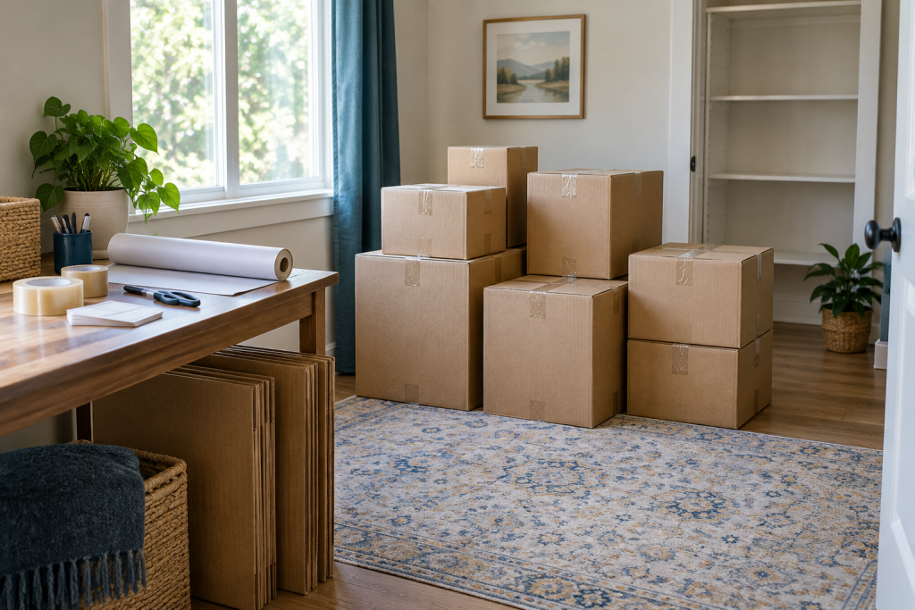Sealed moving boxes and organized packing supplies during the week before moving day