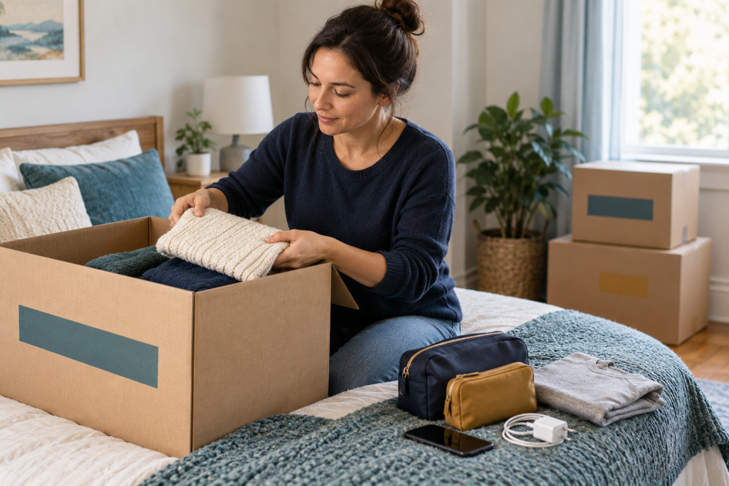 Person packing seasonal clothing while keeping everyday essentials accessible