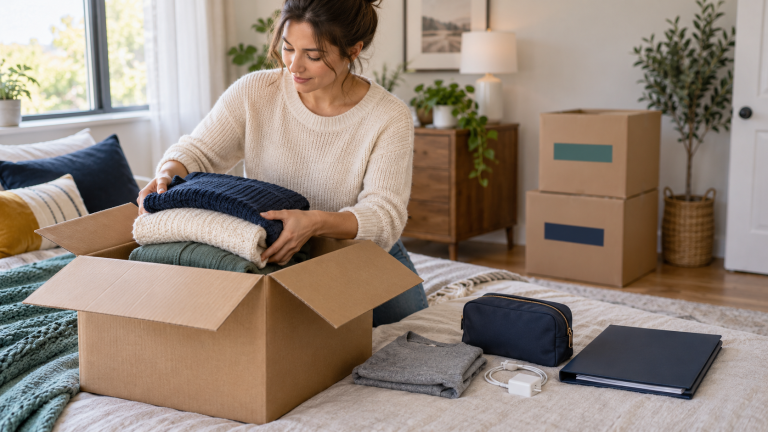 Person packing seasonal clothing while keeping everyday moving essentials accessible