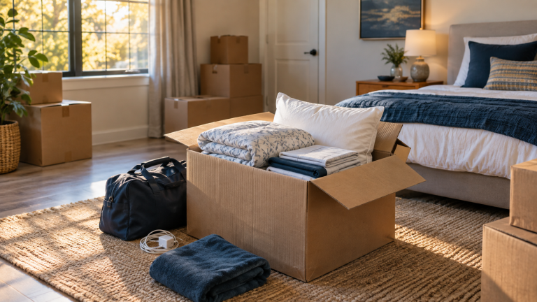 Bedding, pillows, essentials, and moving boxes ready for the first night in a new home