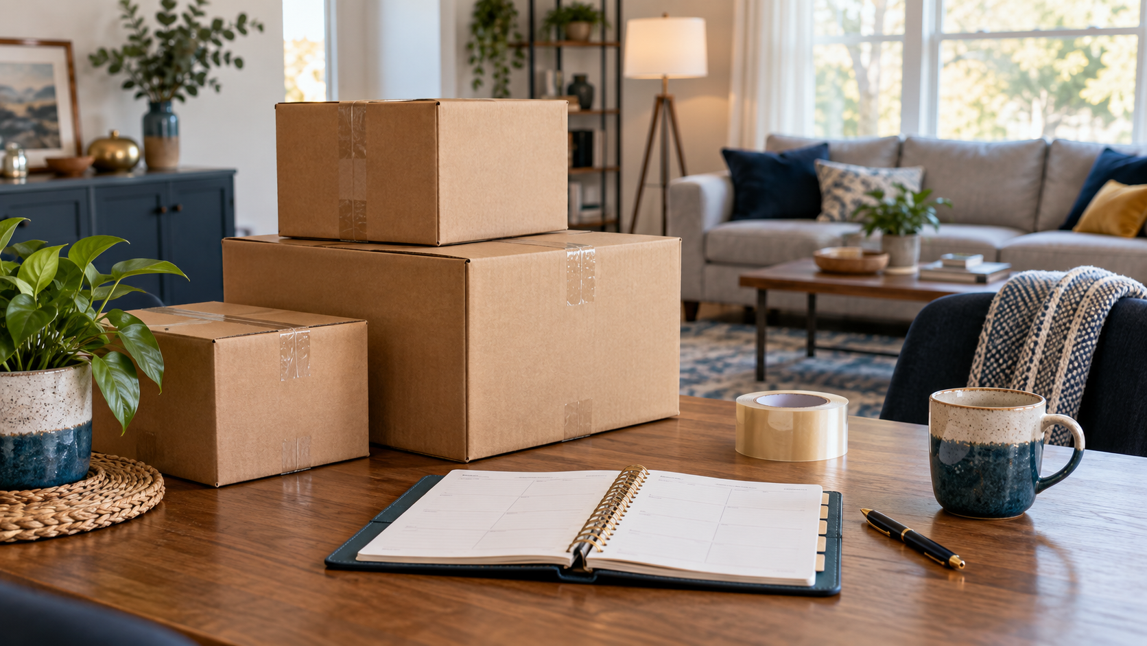 Moving boxes and an open planner at the beginning of a household packing schedule